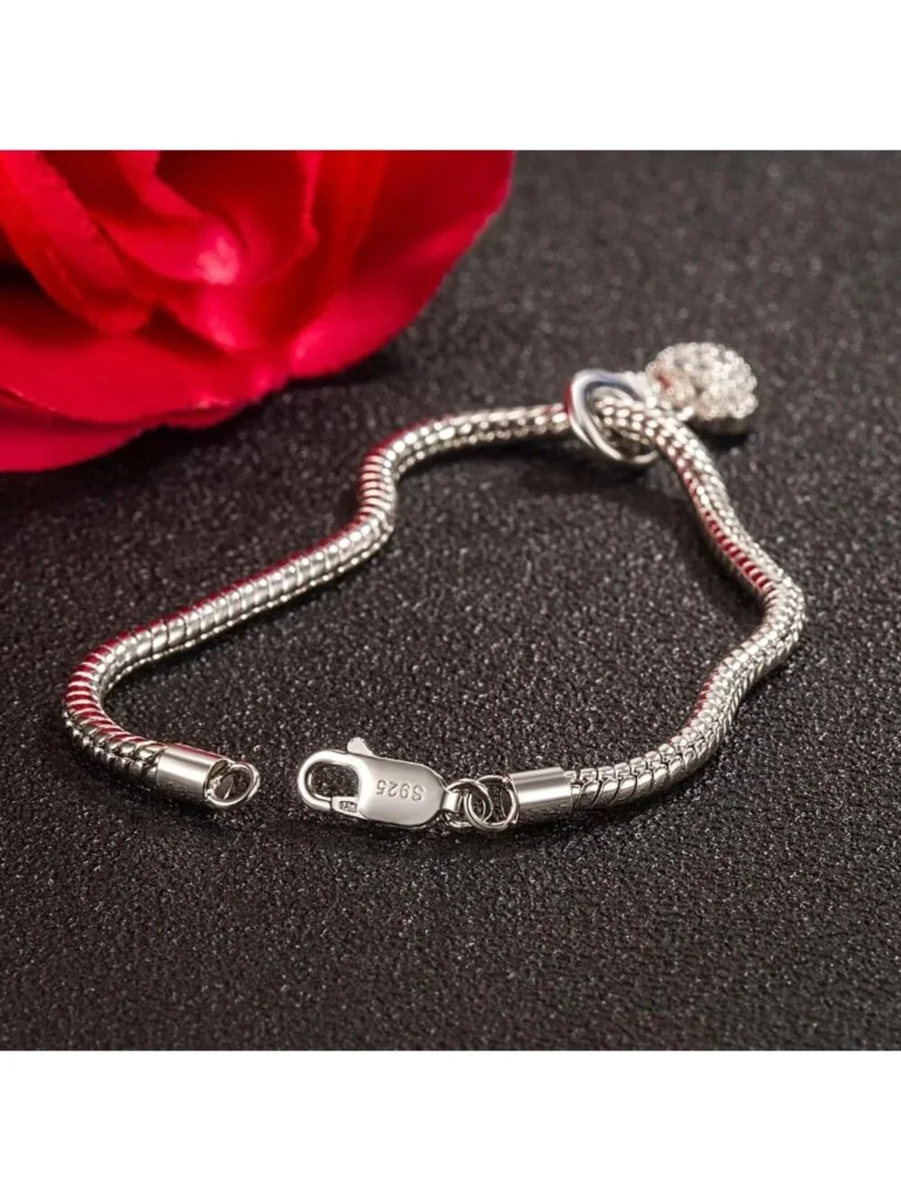 925 Silver Snake Chain Bracelet with Cute Bear Pendant - Adjustable 6.3-9''